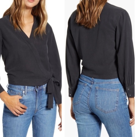 Everlane The Washable Silk Waist Cropped Wrap V Neck Top Black Luxe Size 4 - Picture 2 of 5